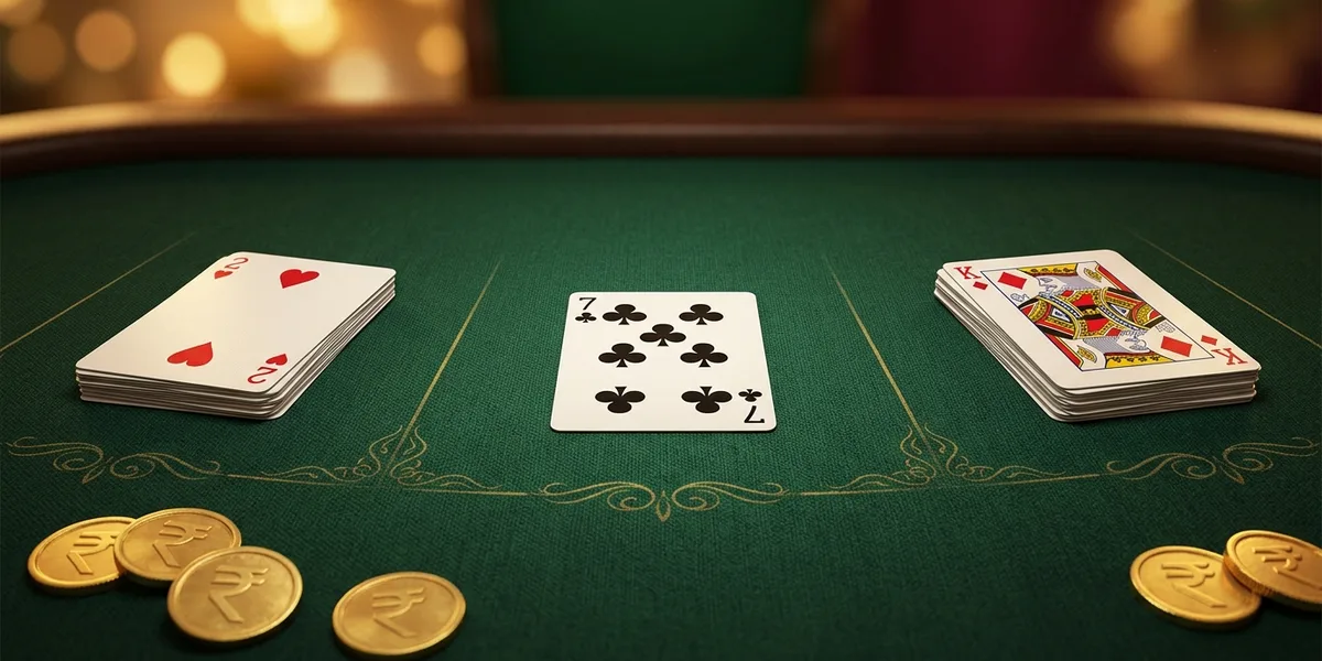 Andar bahar table layout — joker card between the andar and bahar piles