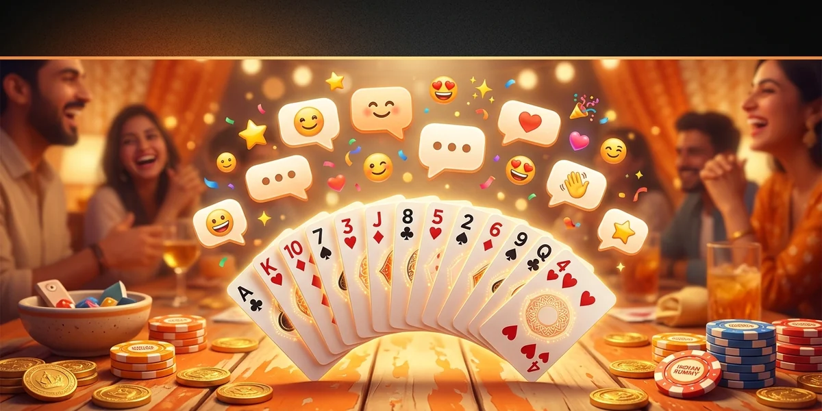 Hi Rummy cards on a warm table with friendly chat bubbles floating above
