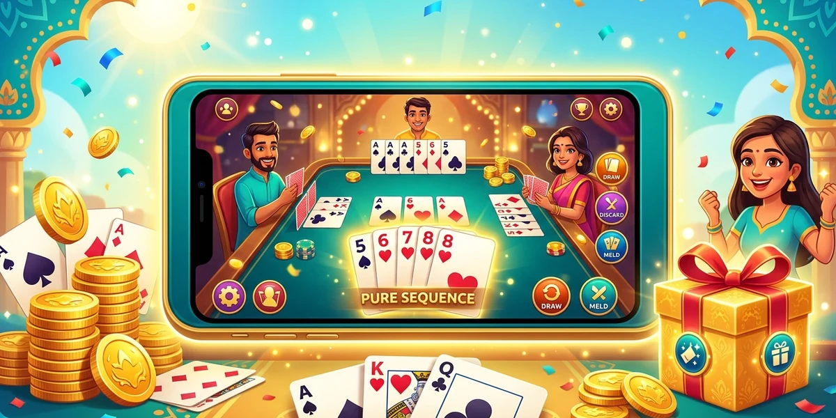 Joy Rummy APK download banner with a beginner-friendly rummy table