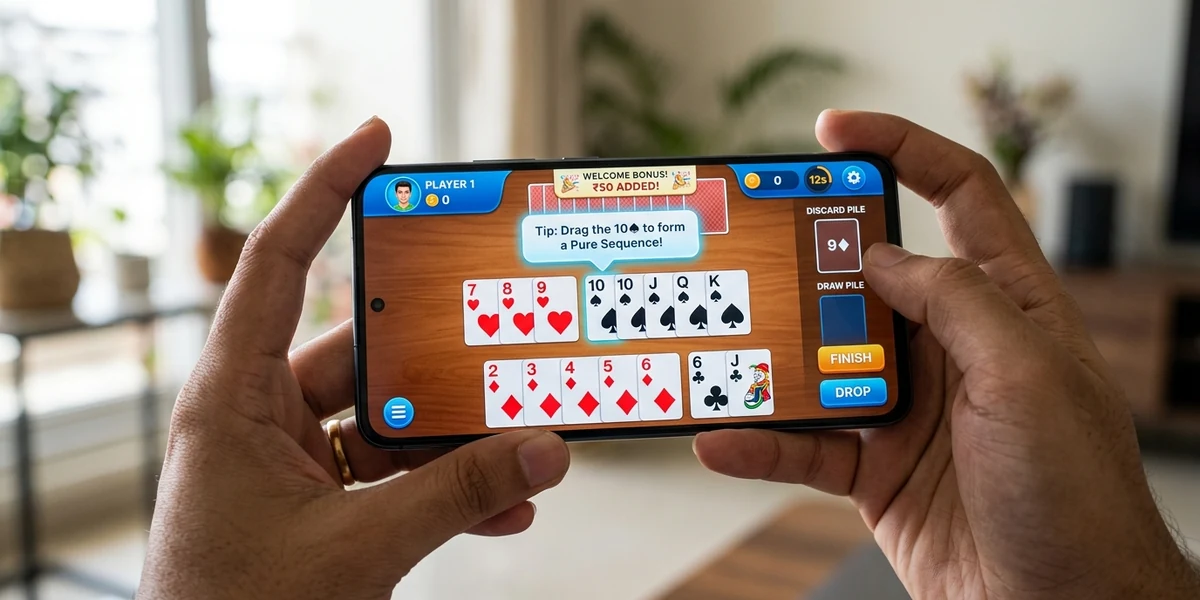 Joy Rummy showing a helpful tooltip guiding a first-time player
