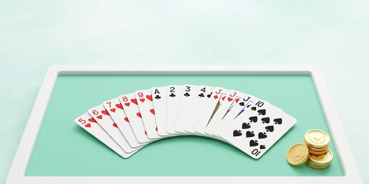 OK Rummy cards fanned on a clean mint-green minimal table
