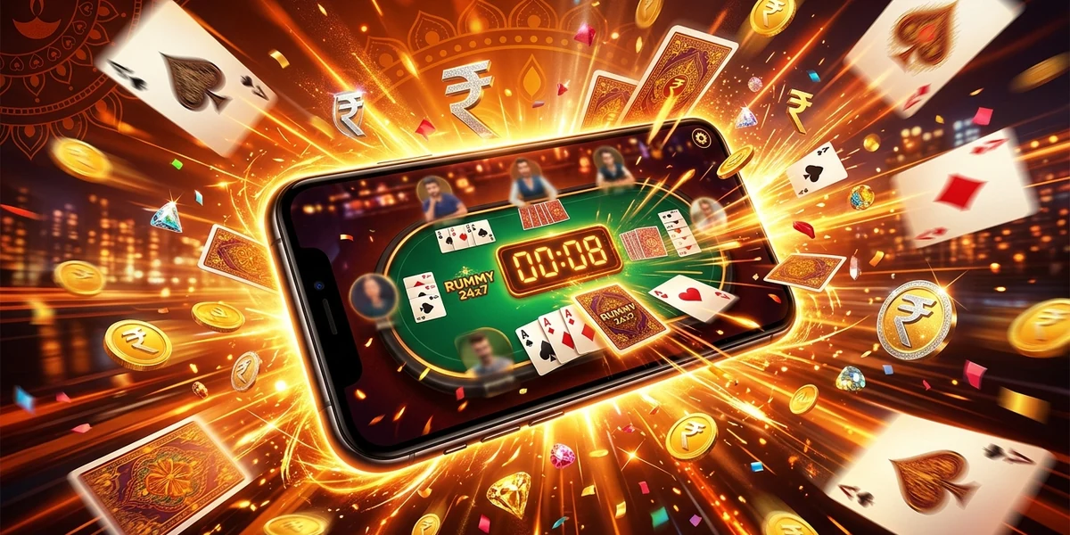 Rumble Rummy APK download banner with fast-deal rummy gameplay