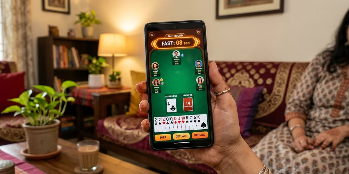 Rumble Rummy fast round in progress on an Android phone with a countdown timer