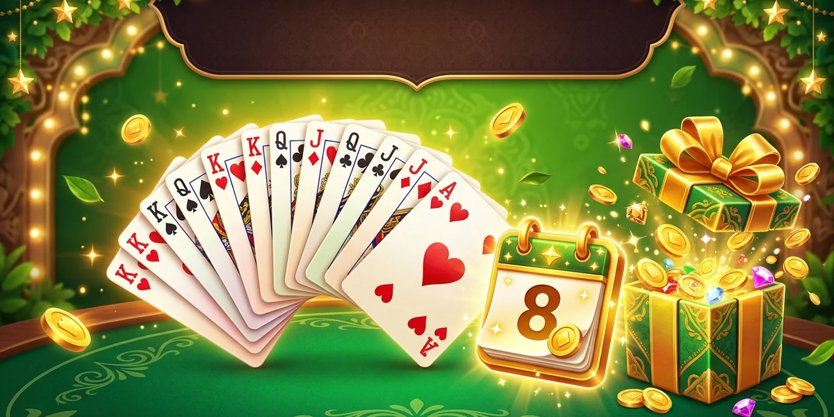 Rummy 365 cards beside a daily-reward calendar and a gift box with gold coins