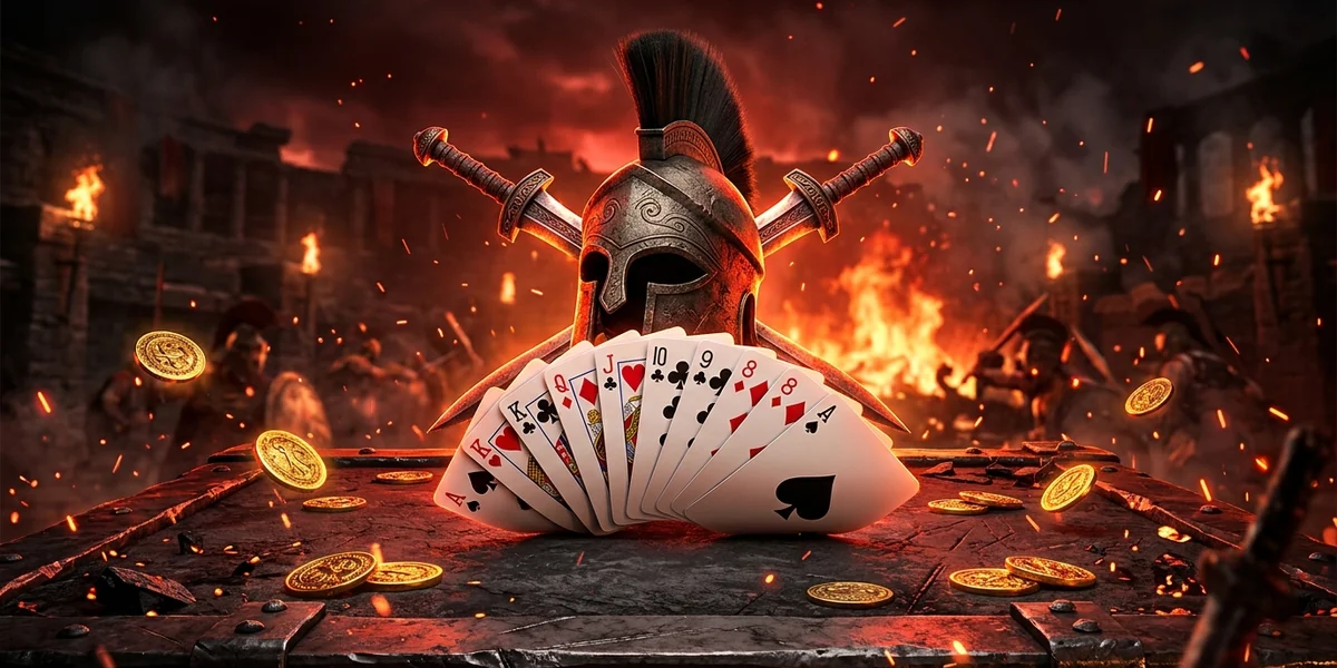 Rummy Ares cards on a fiery battle-arena table with a warrior helmet and swords