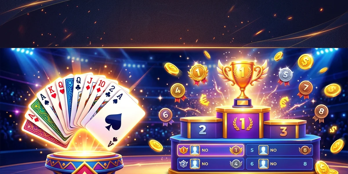 Rummy Leader cards beside a winners' podium and golden trophy under stage lights
