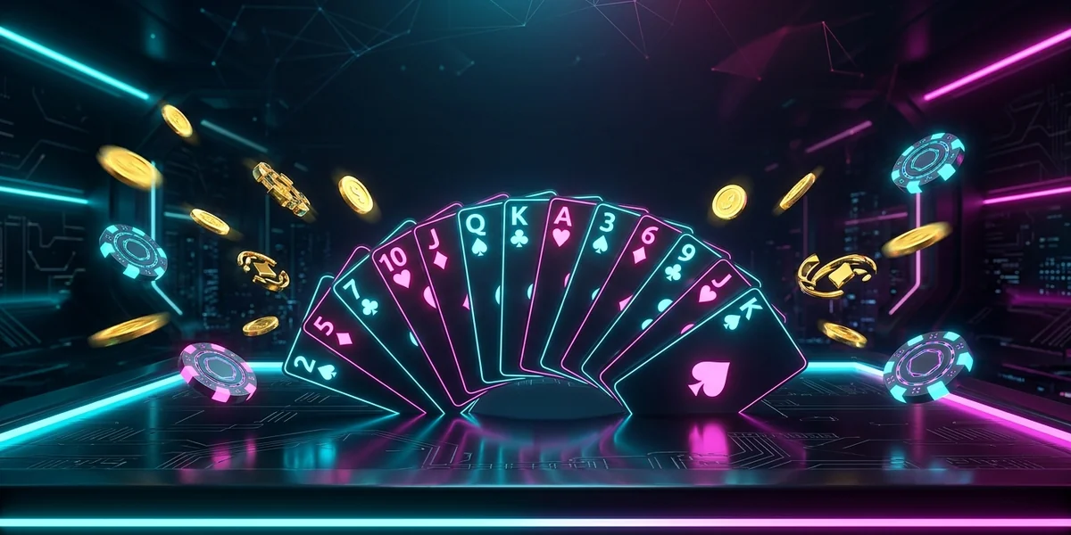 Rummy Modern cards on a dark glossy table with neon cyan and magenta lighting