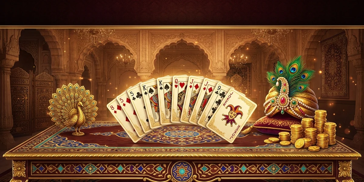 Rummy Nabob cards on a maroon-and-gold Mughal-style table with a jewelled turban