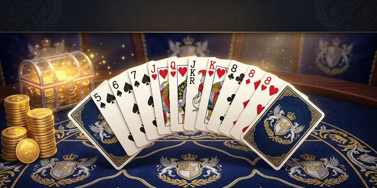 Rummy Noble cards on a navy-and-gold table with heraldic crest accents