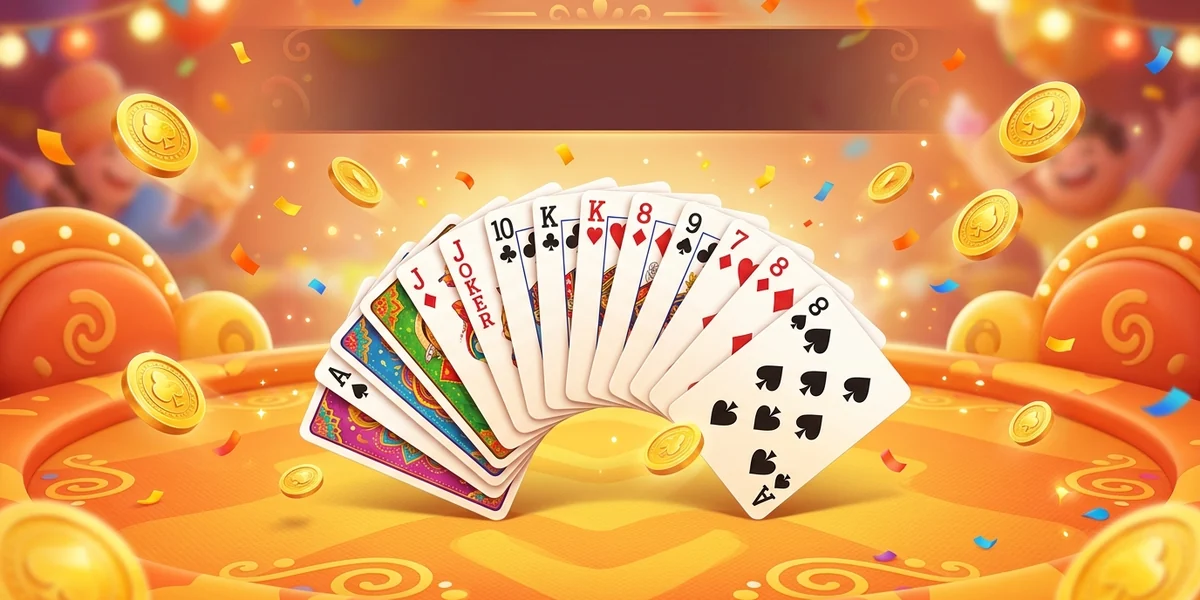 Rummy Ola cards on a cheerful orange-and-yellow casual table with coins
