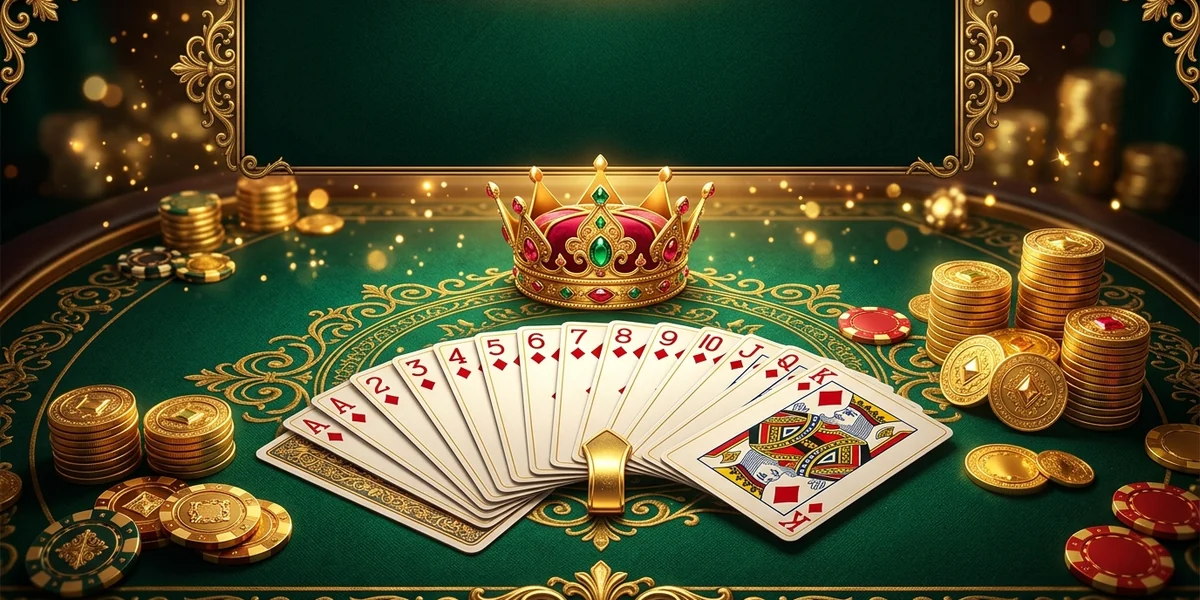Rummy Regal cards forming a sequence on an emerald-and-gold table with a crown
