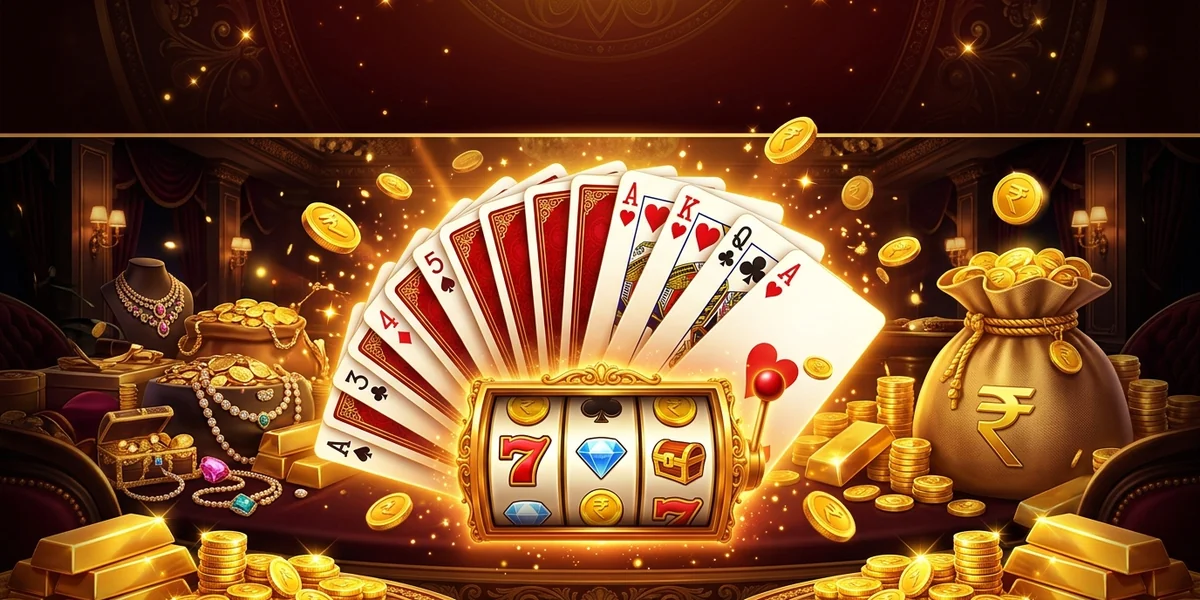 Rummy Wealth cards beside a slot reel amid overflowing gold coins and bars