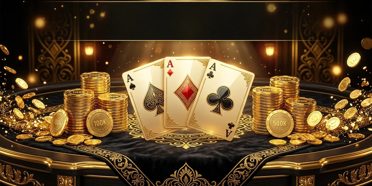 Teen Patti Gold three aces on a black-and-gold table with stacks of golden chips