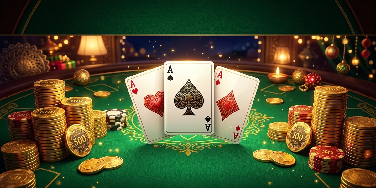 Teen Patti Master APK — three aces on a green teen patti table with gold coins