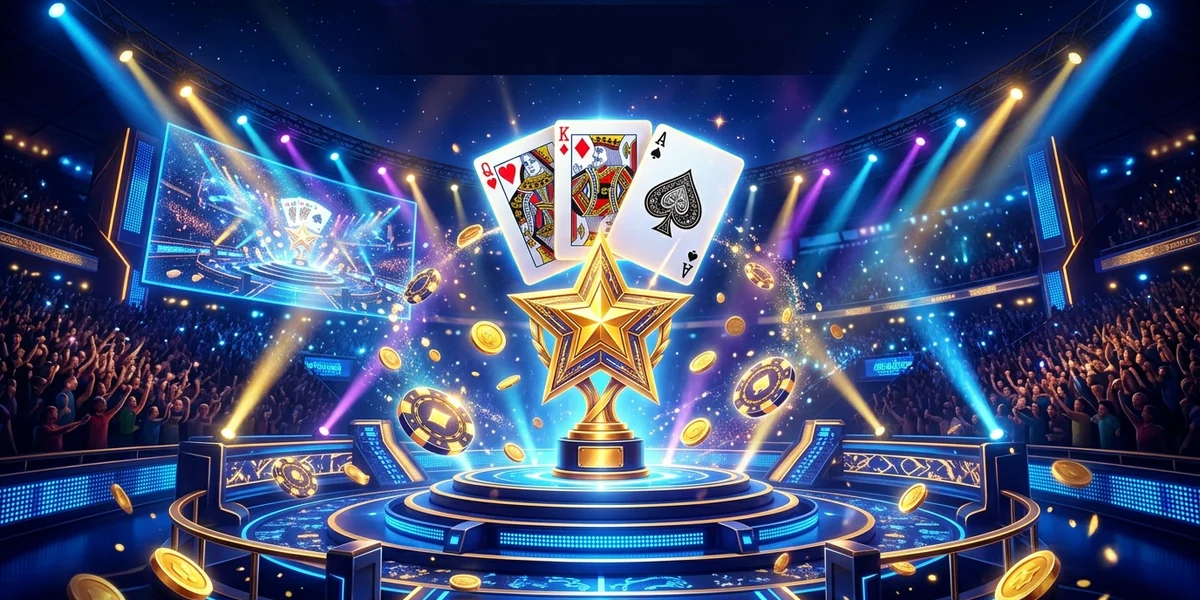 Teen Patti Star cards over a blue-and-gold tournament stage with a star trophy