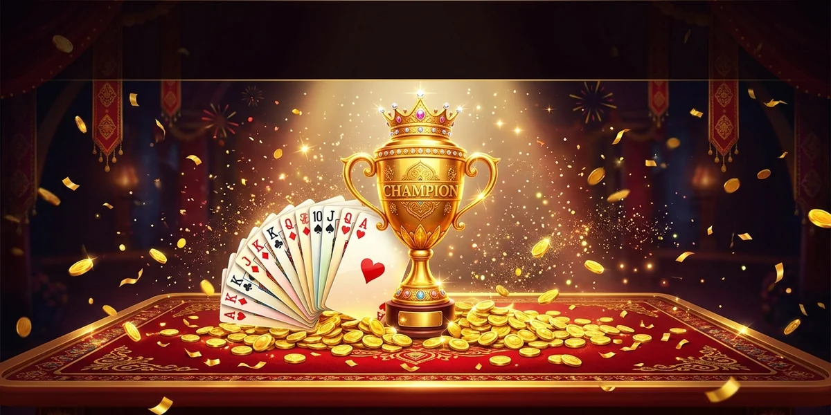 Top Rummy cards beside a golden winner's trophy on a red-and-gold table