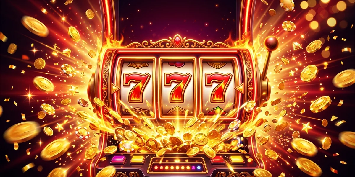 Yono 777 slot reel showing triple lucky sevens with gold coins bursting out