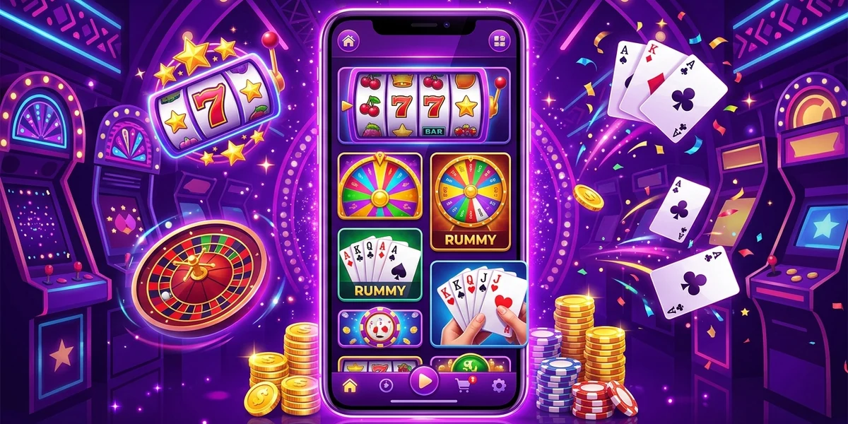 Yono Arcade APK download banner showing slots, spin, rummy and teen patti tiles