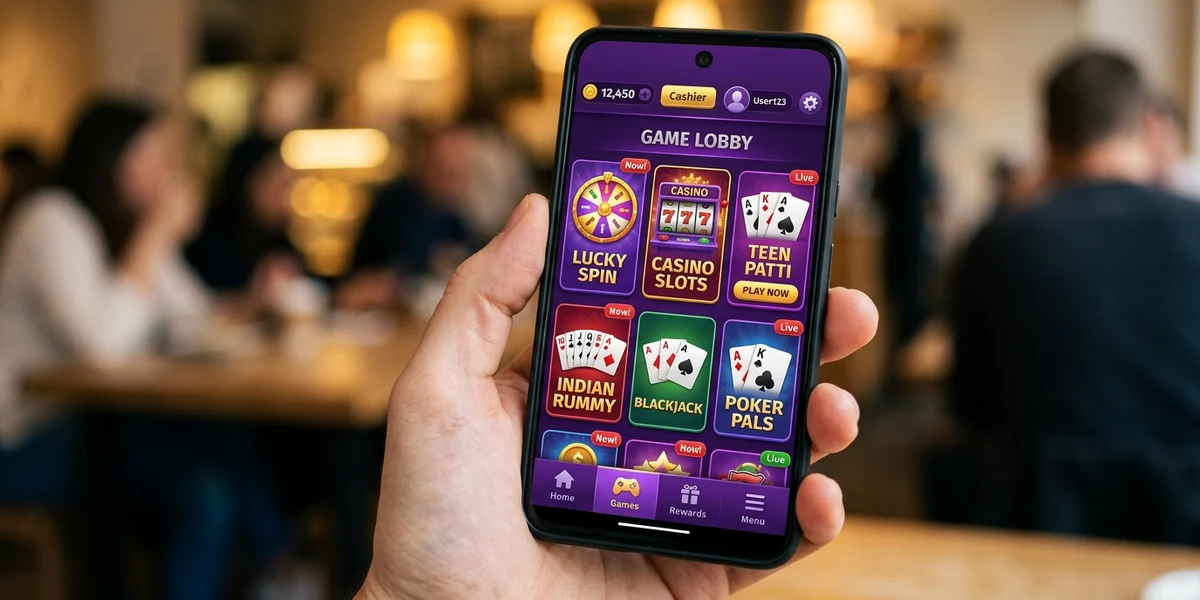 Yono Arcade lobby grid with slots, spin, rummy and teen patti tiles on a phone