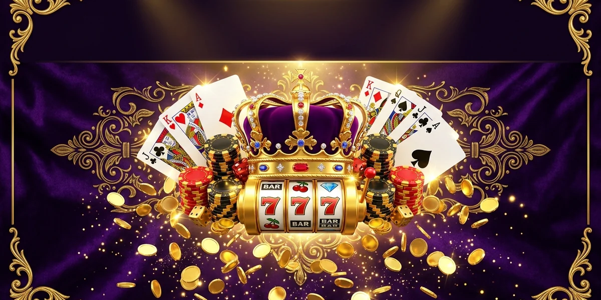 Yono VIP golden crown surrounded by cards, chips and a slot reel on royal purple